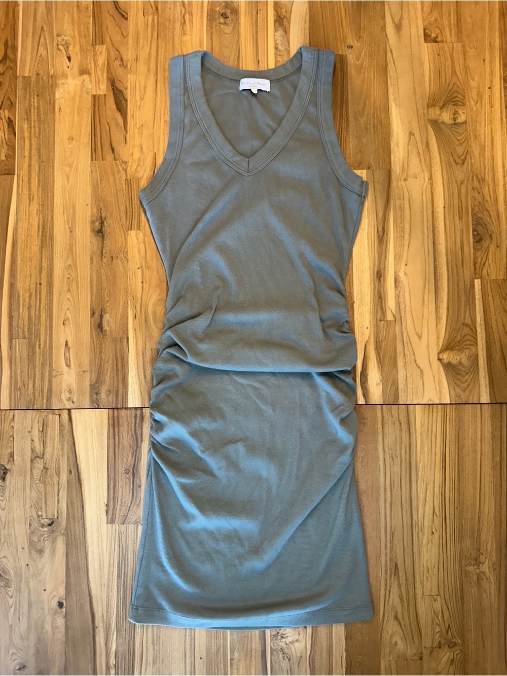 Michael Stars Esme Ribbed Ruched V-Neck Dress — Size Large — Taupe